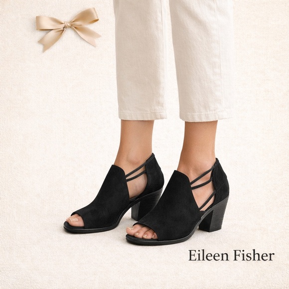 Eileen Fisher Shoes - Eileen Fisher Black Suede Alfie Heels Peep Toe 3” Block Size 7 New Box
